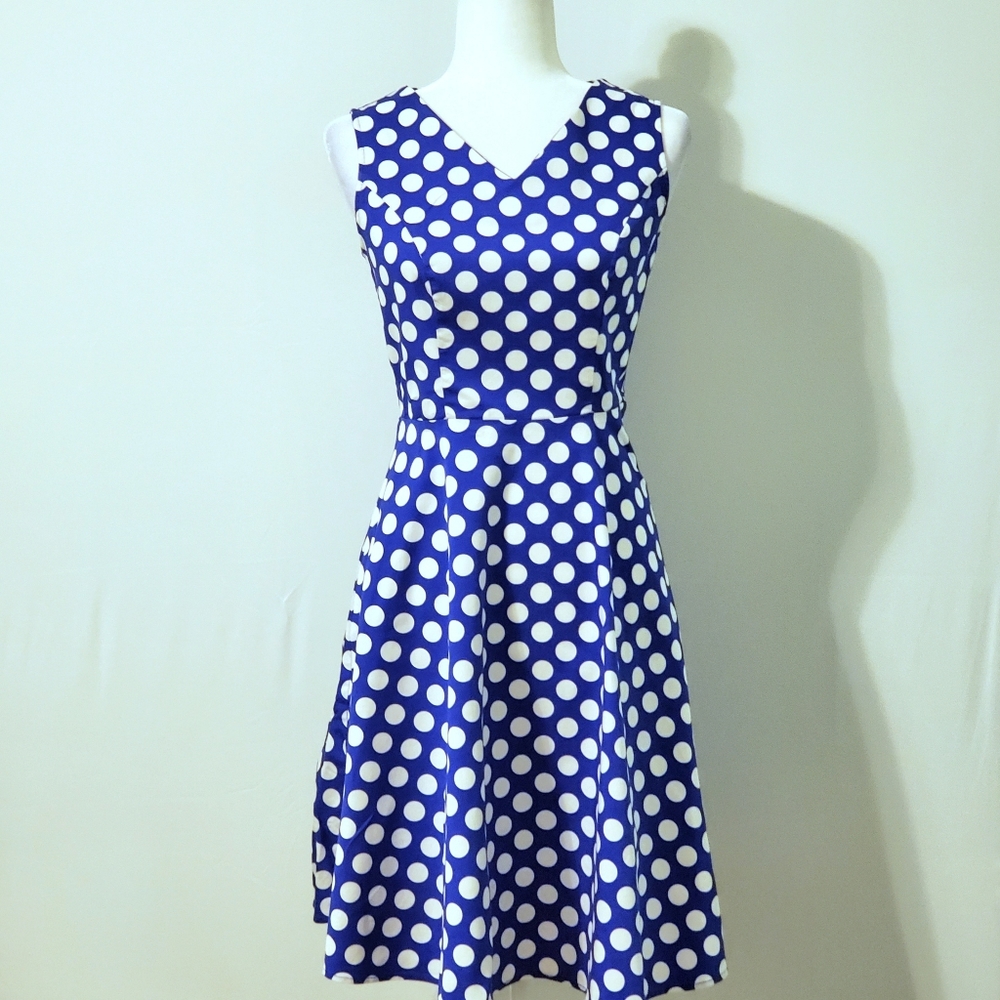BRIDESMAY blue and white polka dot flare d…